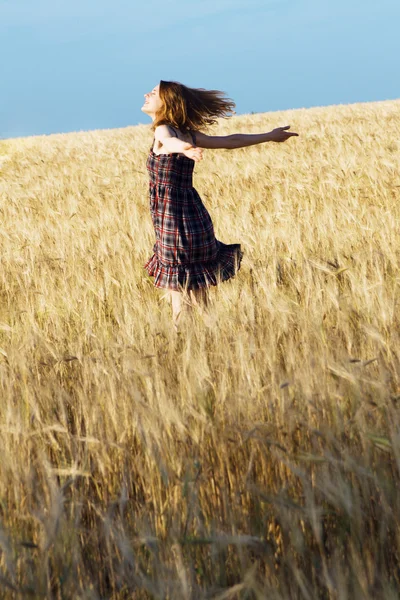 Beautiful woman in checkered dress in a field — Stock Photo, Image