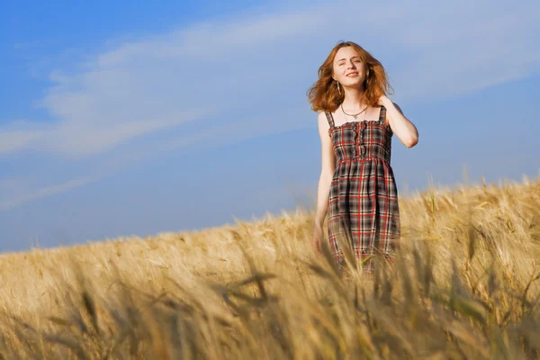 Prachtige vrouw in geruite jurk in een veld — Stockfoto