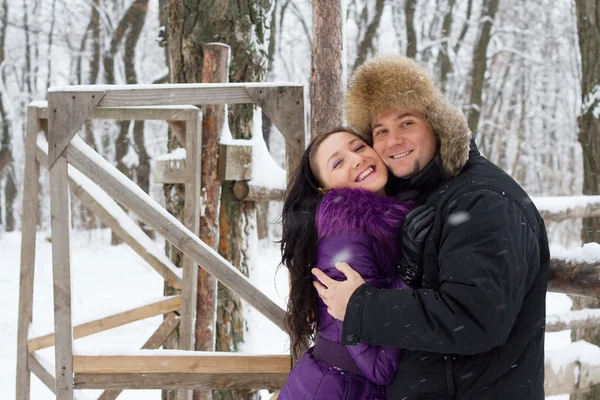 Fiatal pár boldog téli park — Stock Fotó