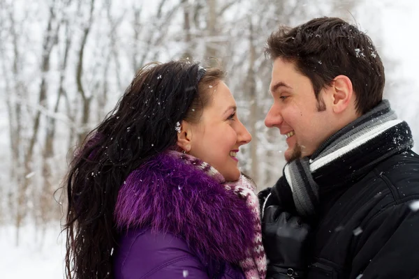 Молода щаслива пара в зимовому парку — стокове фото