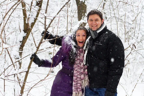 Giovane coppia gioiosa nel parco invernale — Foto Stock