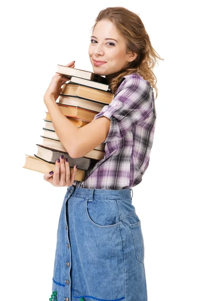 Όμορφη κοπέλα με στοίβα βιβλίων — Φωτογραφία Αρχείου