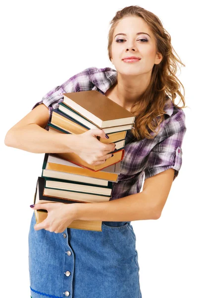 Krásná dívka s hromadou knih — Stock fotografie