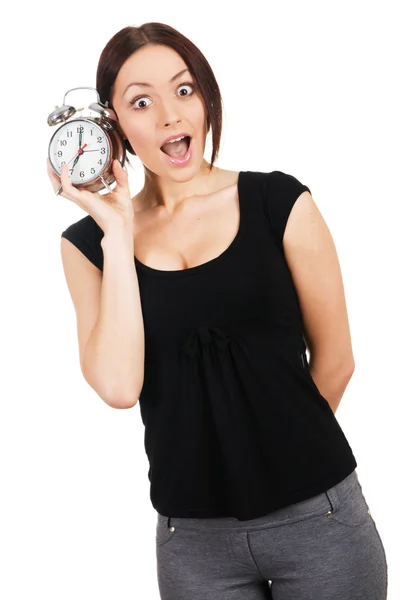 Güzel bir genç kadın vintage çalar saat ile — Stok fotoğraf