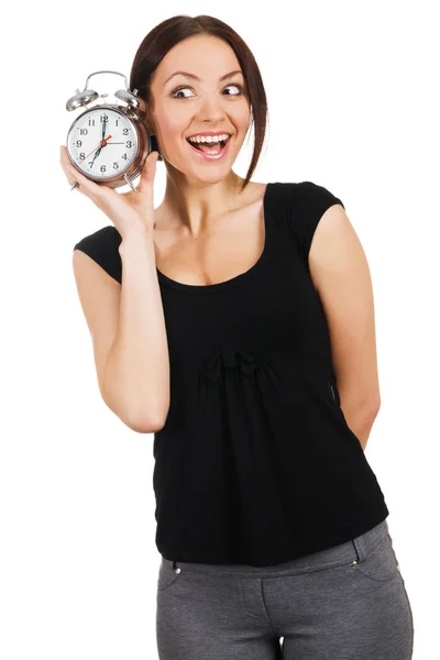 Beautiful young woman with vintage alarm clock — Stock Photo, Image