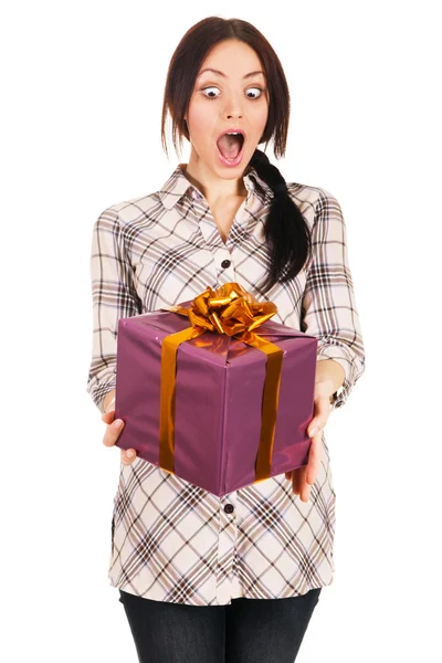 Beautiful young woman with a gift box — Stock Photo, Image