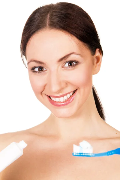 Красива молода жінка з зубною посмішкою — стокове фото