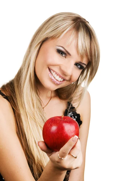 Fröhliche junge Frau mit einem Apfel — Stockfoto
