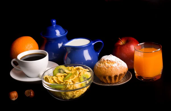 Healthy breakfast on black background — Stock Photo, Image
