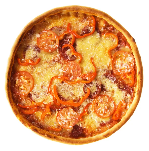 Pizza paradicsom, szalámi és paprika — Stock Fotó