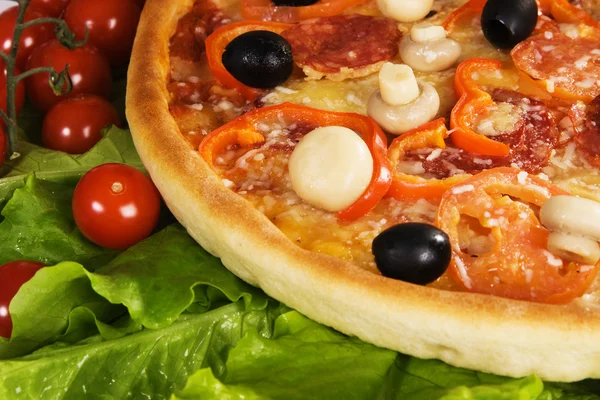 Пицца с листьями салата и помидорами — стоковое фото