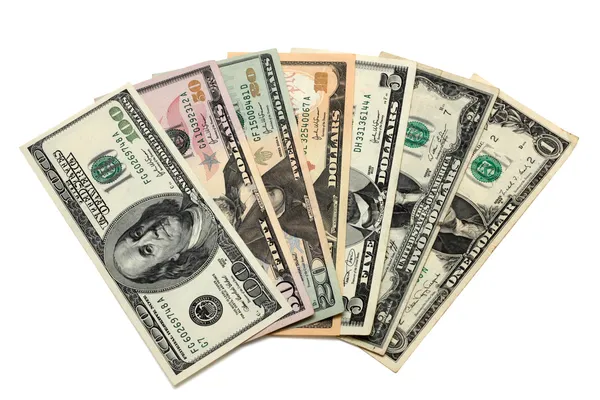 Долларовые векселя на сумму 1,2,5,10,20,50 и 100 долларов — стоковое фото