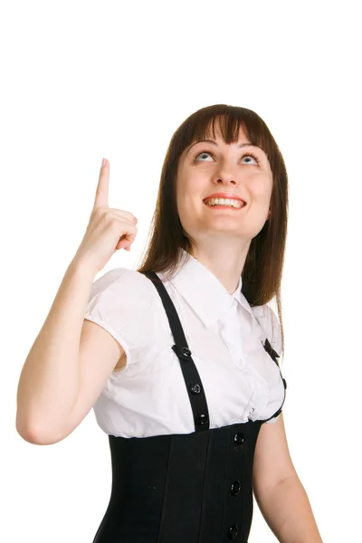 Pretty woman pointing up with her finger — Stock Photo, Image