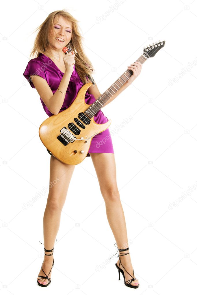 Young beautiful lady with electric guitar