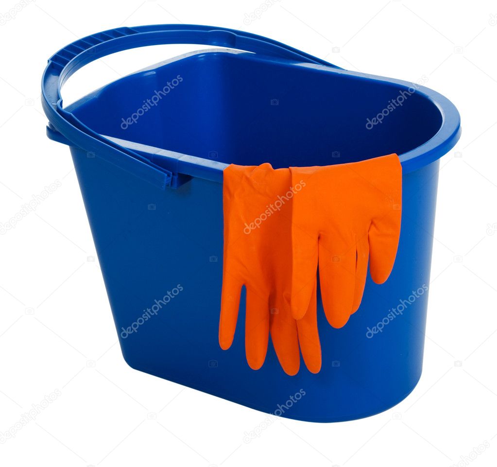 Blue water bucket and gloves
