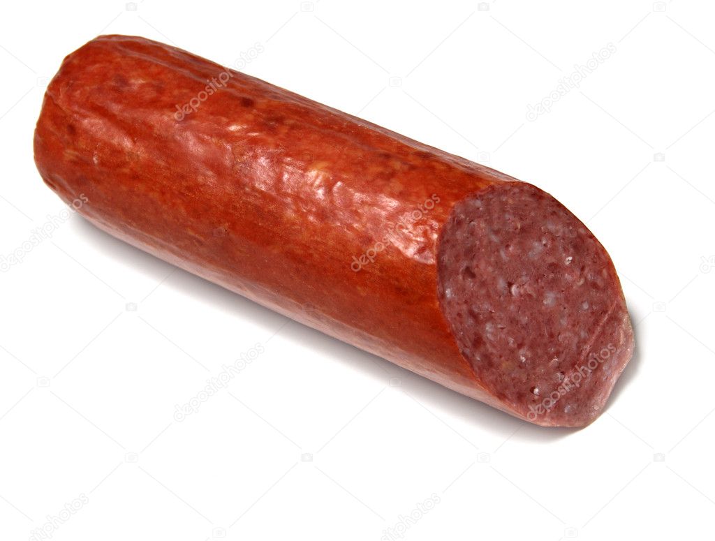 Cut sausage isolated on white Stock Photo by ©gdolgikh 5729860