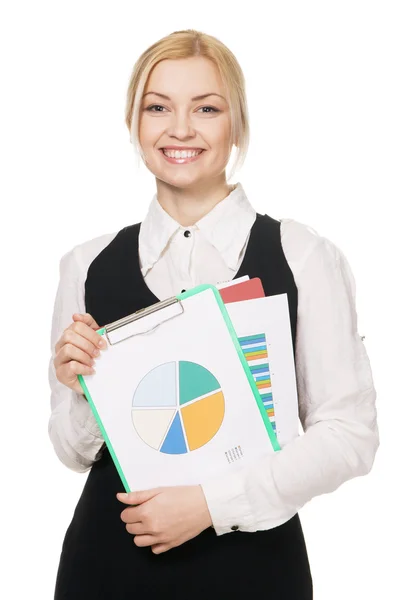 Junge Geschäftsfrau mit einem Bündel von Dokumenten — Stockfoto