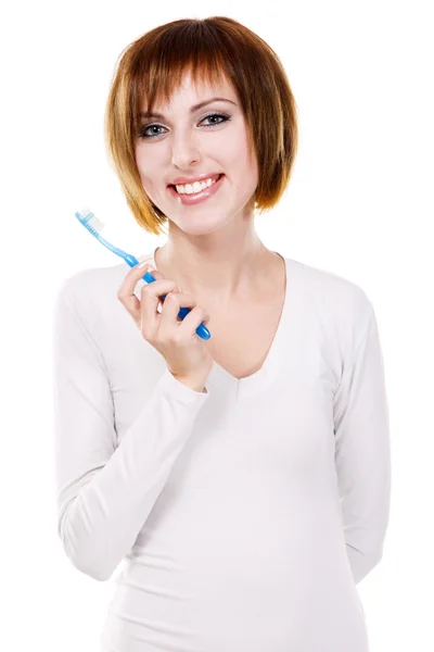 Όμορφη νεαρή γυναίκα με οδοντόβουρτσα — Φωτογραφία Αρχείου