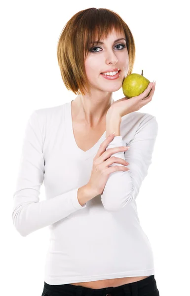Porträt einer jungen schönen Frau mit grünem Apfel — Stockfoto