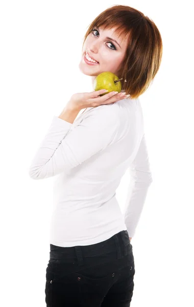 Porträtt av en ung vacker kvinna med ett grönt äpple — Stockfoto