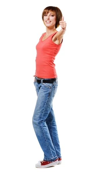 Ung kvinna visar tecken på "tummen upp" — Stockfoto