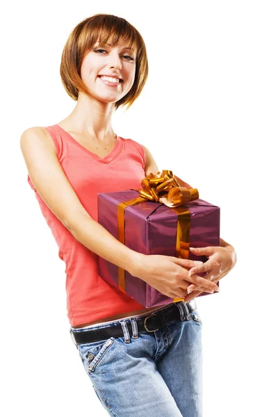 Szép lány és egy ajándék doboz — Stock Fotó