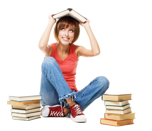 Menina estudante engraçado com muitos livros — Fotografia de Stock