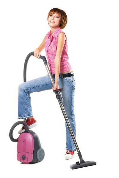 掃除機を持つ若い陽気な女性 — ストック写真
