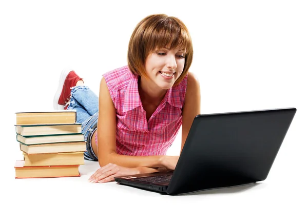 Glad tjej med laptop — Stockfoto