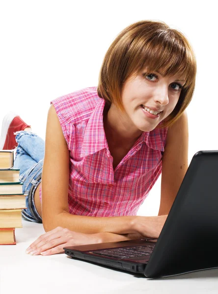 Vrolijke student met laptop — Stockfoto