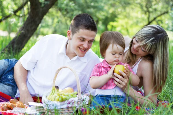 Junge dreiköpfige Familie beim Picknick — Stockfoto