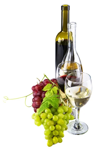 Rot- und Weißwein, mit Trauben — Stockfoto