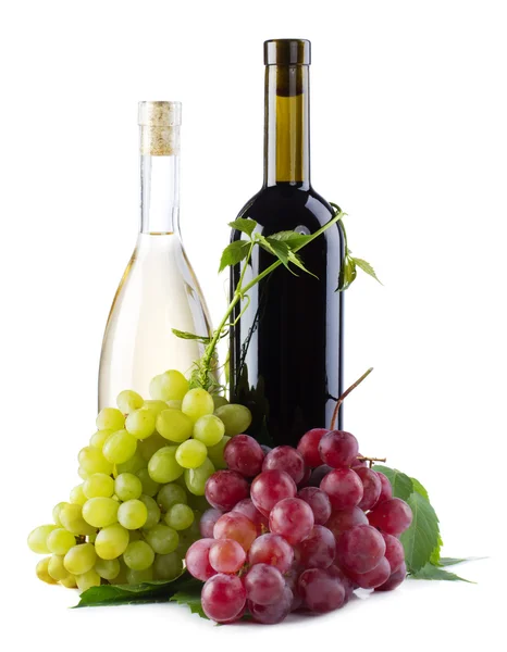 Bottiglie di vino rosso e bianco con uva — Foto Stock