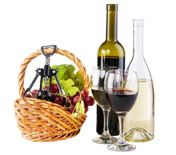Bottles of red and white wine with grapes — Stock Photo, Image