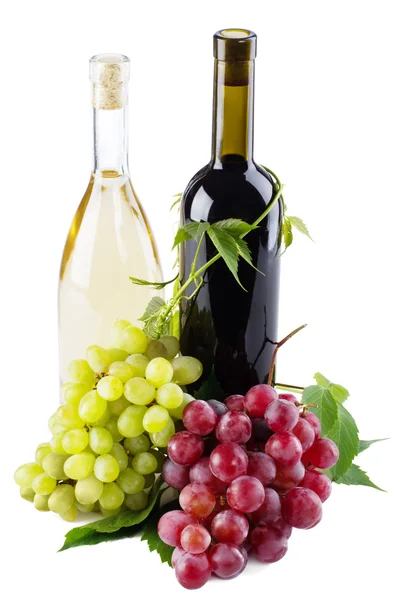 Red and white wine, with bunches of grapes — Stock Photo, Image