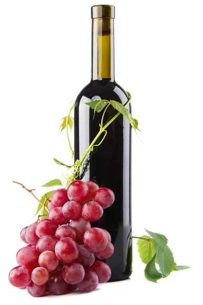 Láhev červeného vína s hrozny — Stock fotografie
