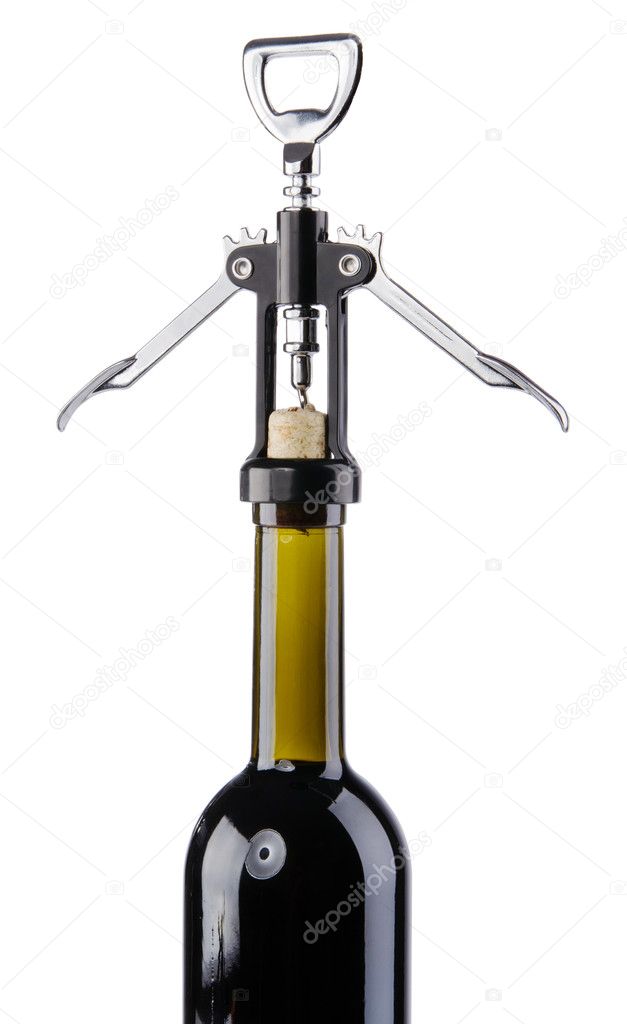Bottle of wine with a corkscrew