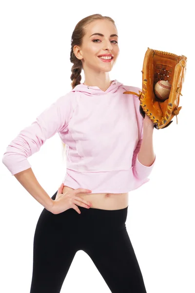 Mulher bonita com equipamento de beisebol — Fotografia de Stock