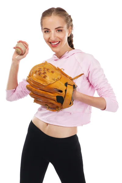 Mooie vrouw met honkbal apparatuur — Stockfoto