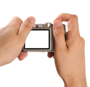 Compact digital photo camera held in hands clipart