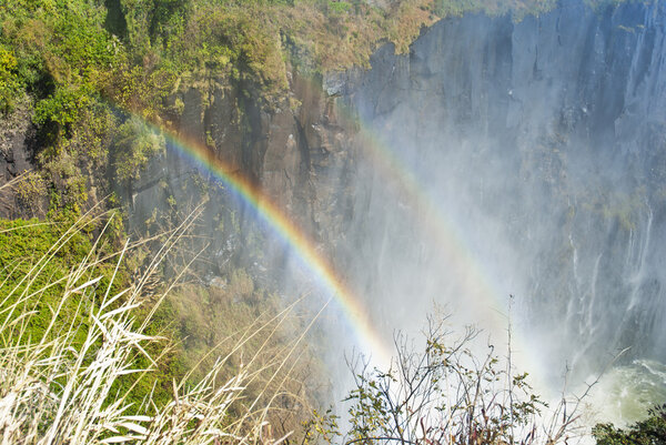 Victoria falls with some vegetation framing the right third of the frame, and a double rainbow in the foreground