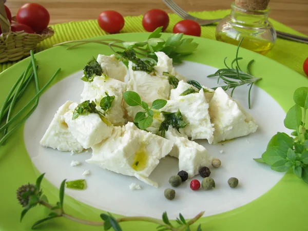 Sheep's milk cheese with herb dressing — Stock Photo, Image