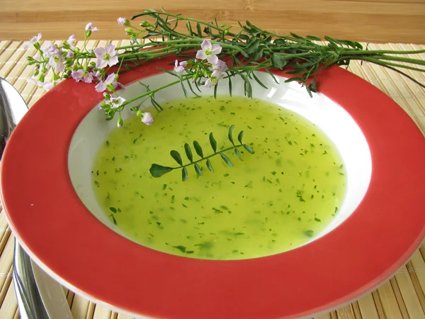 Cream soup with cuckoo flower — Stock Photo, Image