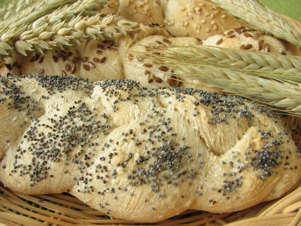 Yeast braids with poppy, sesame and linseeds in basket — Stock Photo, Image