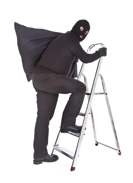 Robber with sack on ladder — Stock Photo, Image