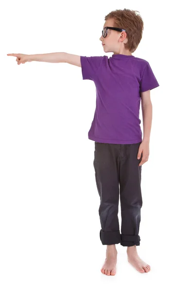 Boy on white background is showing the way — Stock Photo, Image