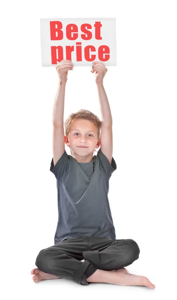 Niño sosteniendo mejor precio inscripción — Foto de Stock