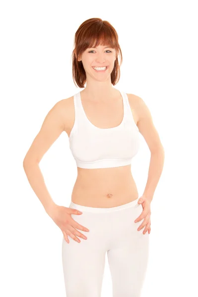 Young athletic woman in white sportswear — Stock Photo, Image