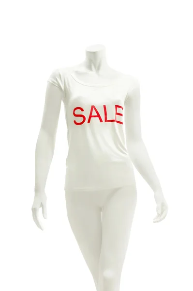 Display dummy wearing white shirt with red imprint sale — Stock Photo, Image