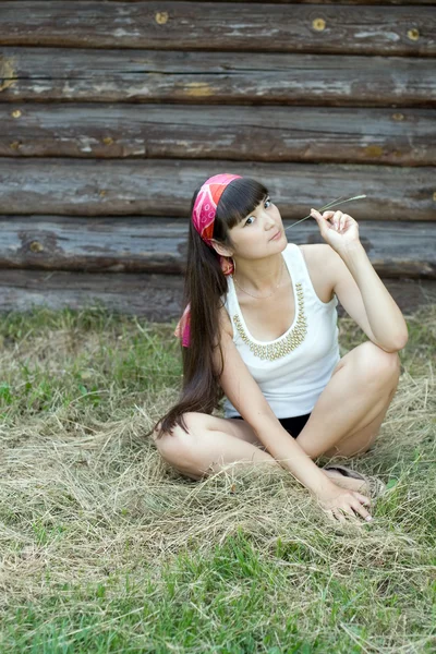 干し草の上に座って美しい少女 — ストック写真